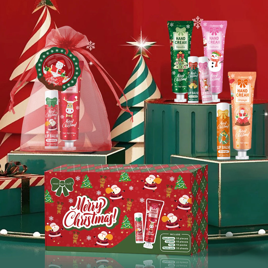 Christmas kit-10 sets/box hand cream kit lip balm and gift bag