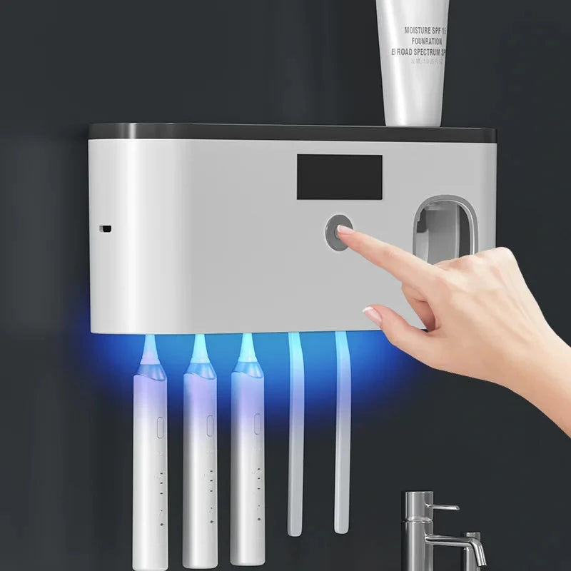 Toothpaste dispenser Wall-mounted toothbrush holder without drilling and LED sterilizer